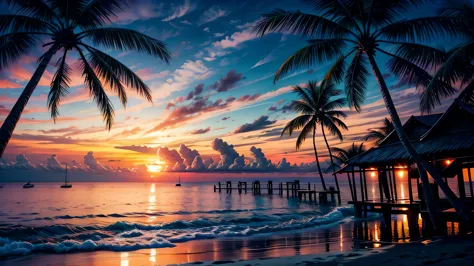 Sea stalls，Sunset，coconut tree
