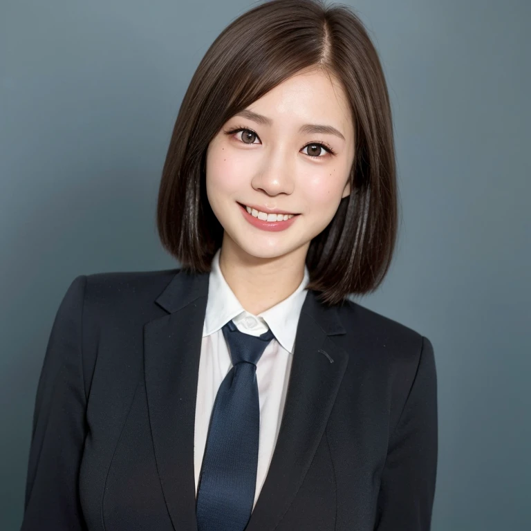 NSFW, (kawaii 24 year-old Japanese female, Nogizaka idol, Korean idol), (glossy brown hair, very short hair, forehead:1.3), (beautiful black eyes, rounded face, single eyelid, no makeup, splash laughing:1.3), (wearing suit jacket, collared shirt, necktie:1.3), (extra small breasts:0.9), BREAK, (simple blue background:1.3), (view from forward, bust shot, wide shot, id photo:1.3), BREAK, (masterpiece, best quality, photo realistic, official art:1.4), (UHD, 8K quality wallpaper, high resolution, raw photo, golden ratio:1.3), (shiny skin), professional lighting, physically based rendering, award winning, (highly detailed skin, extremely detailed face and eyes), Carl Zeiss 85 mm F/1.4, depth of field, (1girl, solo),