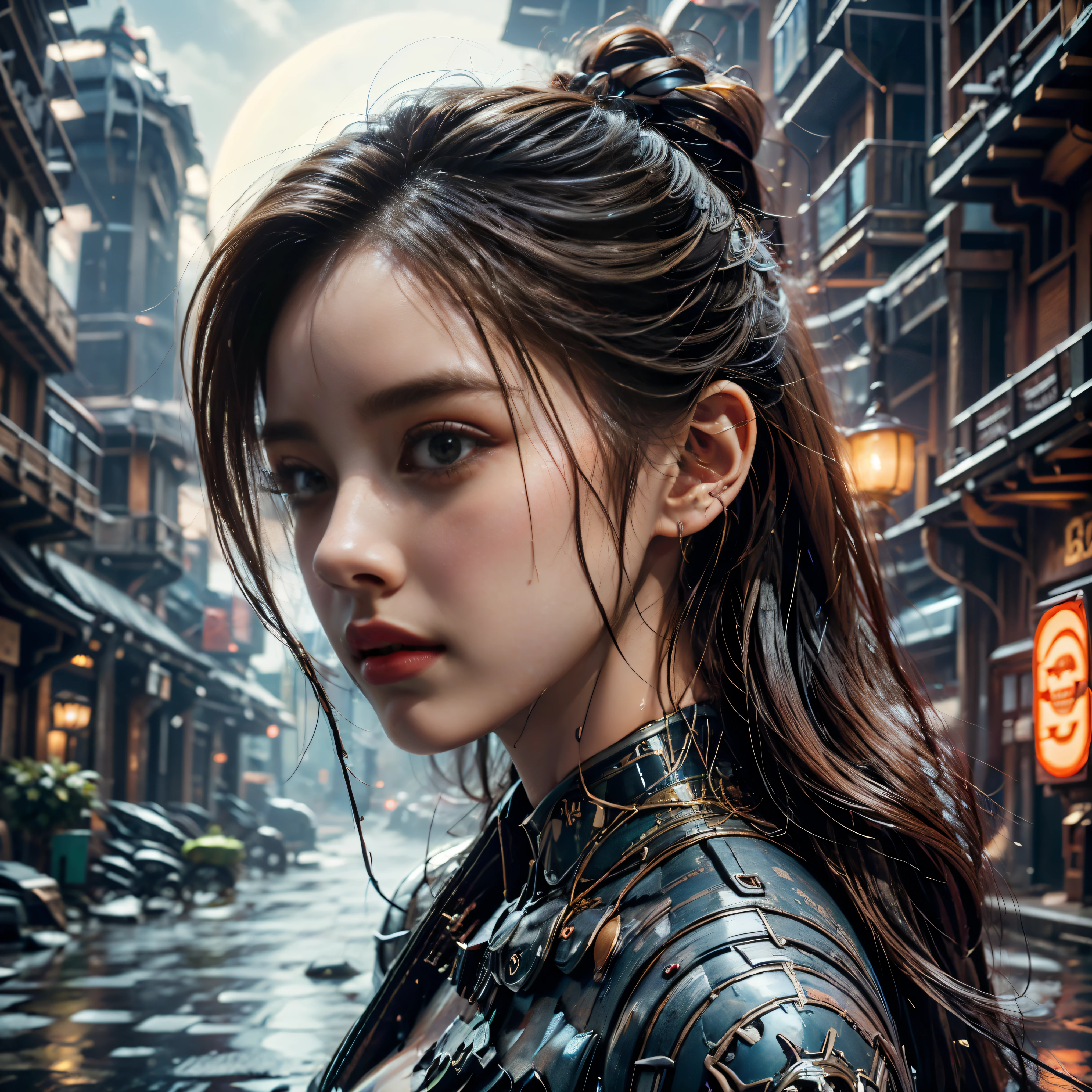 (highest quality、4K、8k、High resolution、masterpiece: 1.2)、Very detailed、(Genuine、Realistic、Realistic: 1.37)、photograph、(Front and side close-up of face:1.7)、((Young and very beautiful woman))、The woman is wearing protective clothing、(Ride a motorcycle and race)、(Leaning the motorcycle into a corner)、(Flowing hair and flowing clothes、background、Motion Blur Effect:1.37)、spark、Incandescent bulb、Neon color、Future City、Vibrant Street、Light reflections on wet sidewalk、Skyscraper、Sculptural architecture、Holographic Signage、Stylish and sophisticated design、Blurred motion of speeding cars、energy and excitement in the air、(Windy atmosphere)、Moonlit cityscape、The motorcycle of the future、COMG3O、mecha