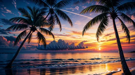 Sea stalls，Sunset，coconut tree