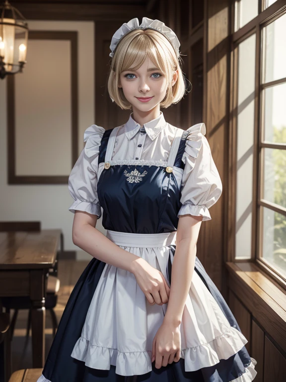 8K,Masterpiece,One woman,Smile,30 years old,blue eyes,Blonde Hair,Short Bob Hair,(Maid clothes),Ella Freya, a beautiful Dutch YouTuber（Ella Freya),