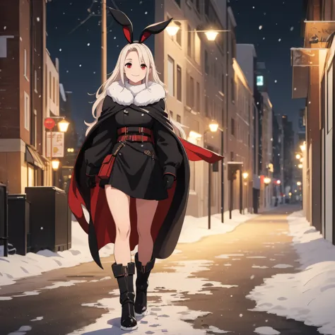 A woman wearing a black cold coat, long fur cape, black skirt, black leather boots, walking on a sidewalk covered in snow, snowy...