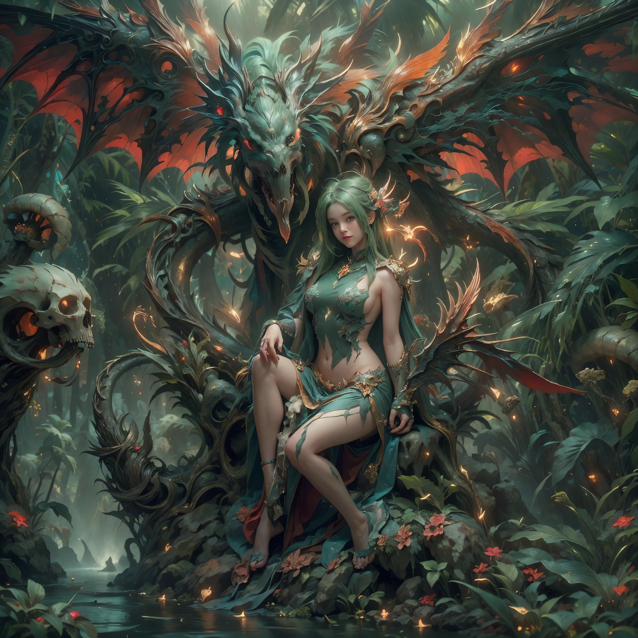 (((8k RAW photo, hyper realistic, masterpiece, best quality, crisp detail, high definition, high detail, very rich detail, sharp focus, sharp detail, colorful, rich color, cinematic, perfect studio lightning, full body photograph, mystic atmosphere))), ((fully naked young colorful evil forest goddes, fully nude, smooth body, ideal body, evil smile)), (sensual pose, temptating viewer, spreading legs on a throne, showing pussy to viewer, big breast, (showing (pussy, vagina, genital, nipples))), ((green hair)), holding really big long  sword, ((wind dragon wings, tail)), ((very long sharp claws)), ((deep rain forest)), (hundreds of ( skull, bone) on land), ((naked female fairy behind)), sorrounded by colorful poisonous mushrooms and flowers, natural deep river,