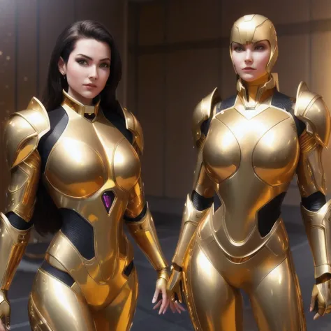 (（college student）)arafed college student in a gold space suit posing for a picture, gold sci - fi armour, golden armor, cinemat...