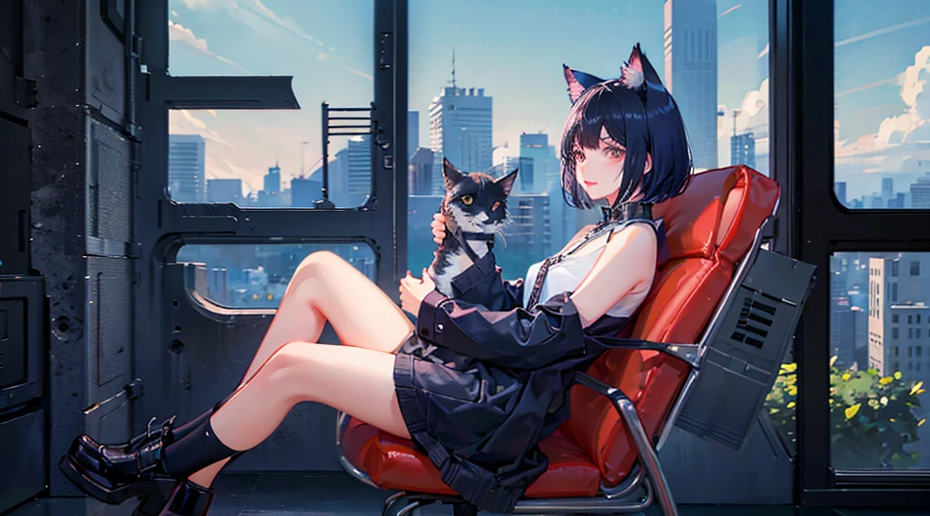 1 girl、solo、Landscape、Sitting、Cat ear、Black Hair、short hair、bangs、Cat&#39;s Tail、Holding a big black cross、Sitting on the floor holding your knees、cyber punk、neon、Shorts、Short sleeve、Town