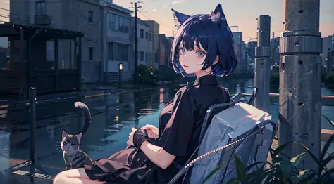 1 girl、solo、landscape、sitting、cat ear、black hair、short hair、bangs、cat&#39;s tail、holding a big black cross、sitting on the floor ...