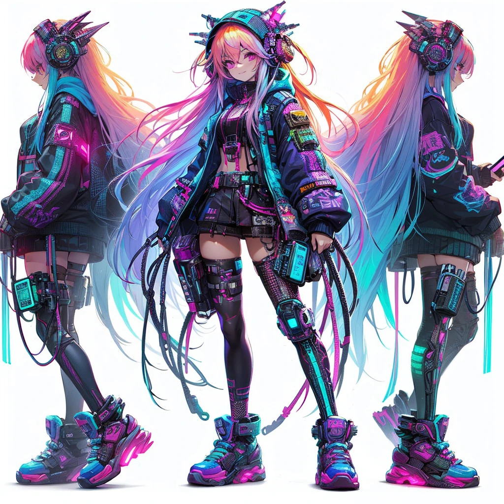 (masterpiece, Best Quality), (Perfect athlete body:1.2), (detailed hairs), Ultra-detailed, Anime style, Full body, Cyberpunk hacker girl, very colorful neon hair, full body neon light tattoo, dressed in cyberpunk wear and cyber headgear, holding a high-tech mobile device, wearing high tech sneakers, standing in a wasteland, 8k high resolution, white background, whole-body, full-length view, bad smile
