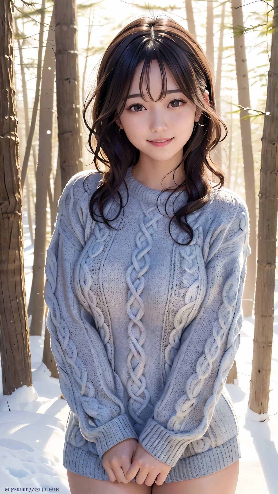 highest quality, masterpiece, Ultra-high resolution, Very detailed, Realistic, RAW shooting, Natural skin texture, (1 Japanese girl wearing a long cable knit sweater:1.3), Adorable expression, Expressions of Happiness, 25 years old, Amazingly cute, Curly Hair, Black Hair, light makeup, large breasts, winter forest, smile, Cowboy Shot