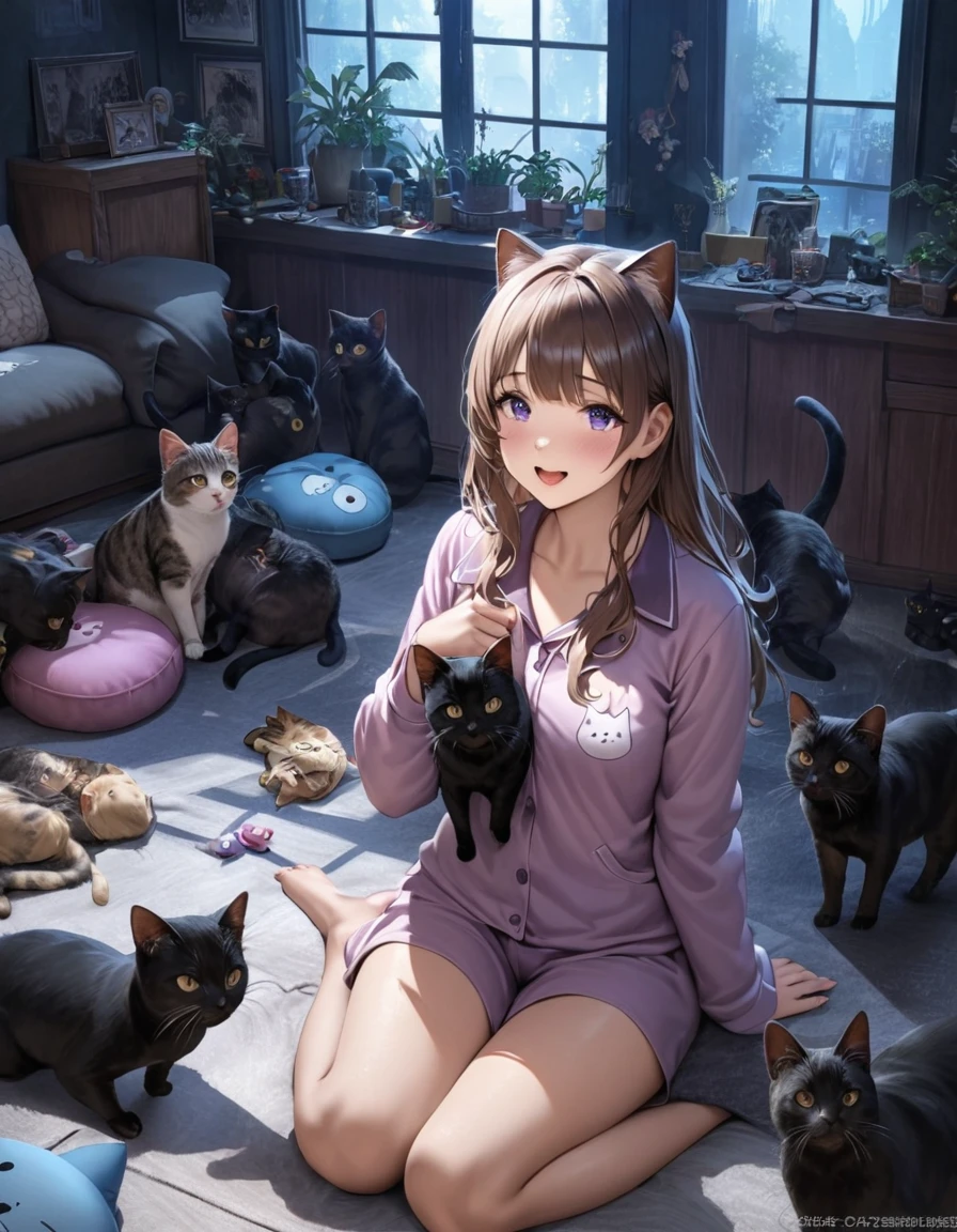 In a pitch-black room, a plethora of black cats are lounging, their eyes gleaming in the darkness. Startled by the black cats, a young girl, the owner, lets out a scream, jumping up in surprise. The black cats look at her with annoyance, as she gazes back at them. The girl's friends burst into laughter at the scene, while she continues to laugh heartily alongside them.

Texture: Detailed Illustration or Photorealistic Rendering
Additional Details: Soft moonlight spills in through the window, casting mysterious shadows on the room's walls. The room is adorned with various cat-themed decorations, such as cat-shaped cushions and cat toys scattered on the floor. The girl is wearing her favorite cat-themed pajamas and has a playful expression on her face. Her friends are also wearing sleepover attire, with smiles on their faces. 

Image Quality: (Best Quality, Highres), Ultra-detailed, Photo-realistic
Art Style: Portraits, Dark-themed
Color Tone: Cool-toned with hints of purple and blue
Lighting: Soft moonlight illuminates the room, creating a serene atmosphere.