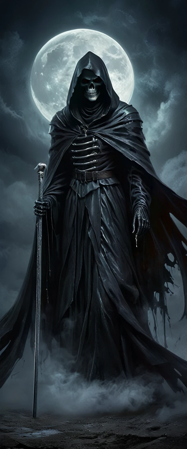 black grim reaper with a black cape and a scythe, portraits, oil painting, fine details, mysterious atmosphere, sharp focus, high contrast, dramatic lighting, black and white image, low-key lighting, vivid eyes, long flowing hair, sinister expression ,hauntingly beautiful,gothic style