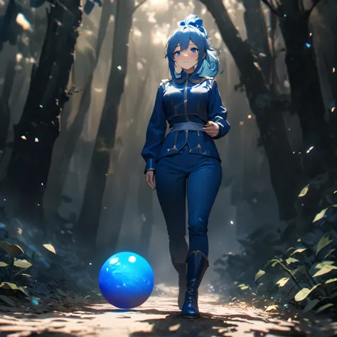 a woman wearing blue costume, long weak blue hair, ponytail hair with a blue sphere, blue leather boots, blue eyes, holding a gl...