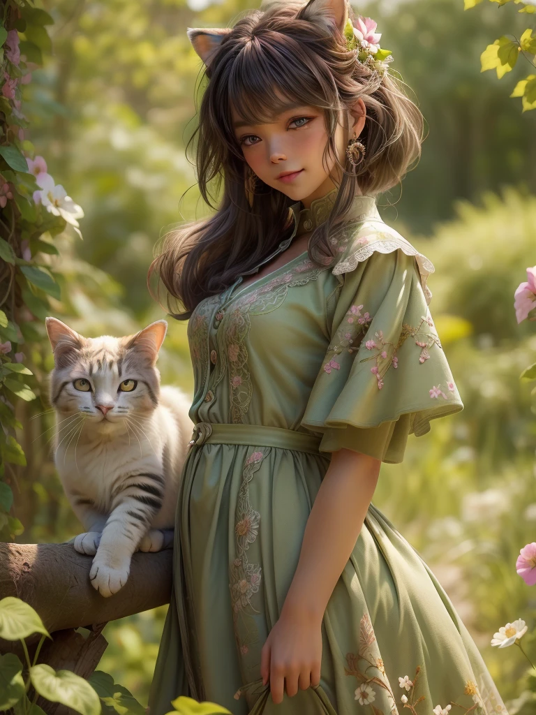 A girl opens the front door and immediately encounters a cat, standing in a beautiful garden. The girl has mesmerizing eyes and a playful smile on her lips. The garden is filled with vibrant flowers and lush greenery, creating a serene atmosphere. The girl is wearing a colorful dress that complements the garden's vibrant colors. The artwork is created using a combination of illustration and photography techniques, resulting in a unique and captivating medium. The details are extremely intricate, with every petal of the flowers and every strand of hair on the girl's head clearly defined. The overall quality of the image is top-notch, with a resolution of 4k or higher, ensuring the finest level of detail. The art style is a perfect blend of realism and fantasy, showcasing the beauty of nature in a dreamlike manner. The colors are vivid and saturated, giving the scene a lively and vibrant feel. The lighting is soft and warm, casting a gentle glow on the garden and enhancing the magical atmosphere. In this charming scene, the girl's eyes sparkle with excitement as she locks eyes with the curious cat. The cat, with its fur shimmering in the sunlight, approaches her with a playful tilt of its head. The garden is adorned with blooming flowers of various colors, swirling butterflies, and a gentle breeze rustling the leaves. The composition captures a moment of joyful connection between the girl and the cat, radiating warmth and happiness. Ultimately, this prompt aims to generate a visually stunning and heartwarming artwork, depicting the magical encounter between a girl and a cat in a vibrant garden.