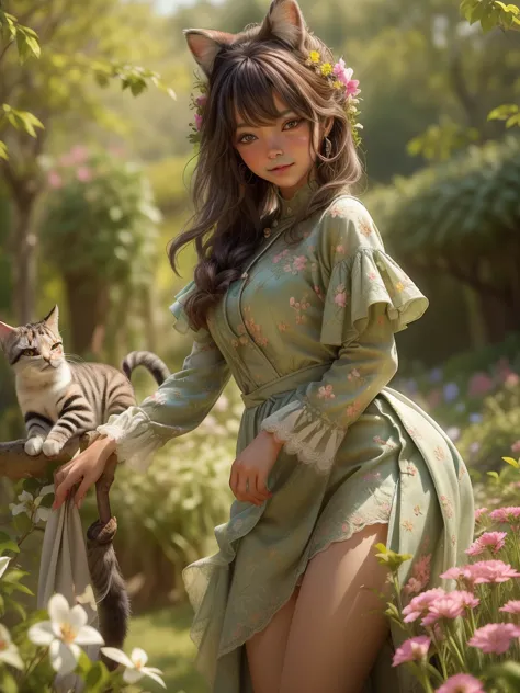 A girl opens the front door and immediately encounters a cat, standing in a beautiful garden. The girl has mesmerizing eyes and ...