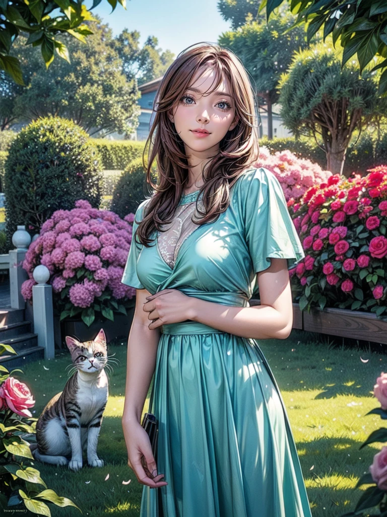 A girl opens the front door and immediately encounters a cat, standing in a beautiful garden. The girl has mesmerizing eyes and a playful smile on her lips. The garden is filled with vibrant flowers and lush greenery, creating a serene atmosphere. The girl is wearing a colorful dress that complements the garden's vibrant colors. The artwork is created using a combination of illustration and photography techniques, resulting in a unique and captivating medium. The details are extremely intricate, with every petal of the flowers and every strand of hair on the girl's head clearly defined. The overall quality of the image is top-notch, with a resolution of 4k or higher, ensuring the finest level of detail. The art style is a perfect blend of realism and fantasy, showcasing the beauty of nature in a dreamlike manner. The colors are vivid and saturated, giving the scene a lively and vibrant feel. The lighting is soft and warm, casting a gentle glow on the garden and enhancing the magical atmosphere. In this charming scene, the girl's eyes sparkle with excitement as she locks eyes with the curious cat. The cat, with its fur shimmering in the sunlight, approaches her with a playful tilt of its head. The garden is adorned with blooming flowers of various colors, swirling butterflies, and a gentle breeze rustling the leaves. The composition captures a moment of joyful connection between the girl and the cat, radiating warmth and happiness. Ultimately, this prompt aims to generate a visually stunning and heartwarming artwork, depicting the magical encounter between a girl and a cat in a vibrant garden.