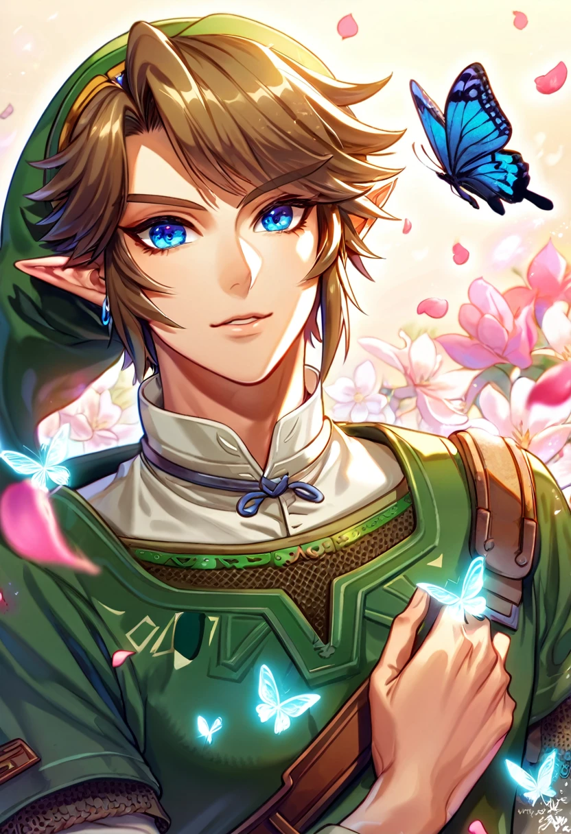 (absurdres, highres, ultra detailed, HDR) master piece, best quality, perfect face, delicated features, Link, brown hair, expressive blue eyes, the legend of zelda twilight princess, solo, sexy man, handsome, green tunic, green hat, magical, petals, flowers, butterflies