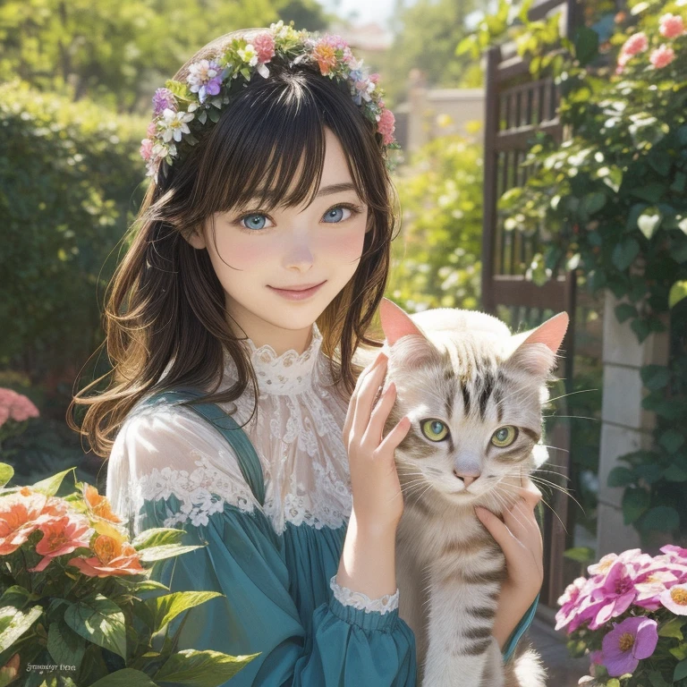 A girl opens the front door and immediately encounters a cat, standing in a beautiful garden. The girl has mesmerizing eyes and a playful smile on her lips. The garden is filled with vibrant flowers and lush greenery, creating a serene atmosphere. The girl is wearing a colorful dress that complements the garden's vibrant colors. The artwork is created using a combination of illustration and photography techniques, resulting in a unique and captivating medium. The details are extremely intricate, with every petal of the flowers and every strand of hair on the girl's head clearly defined. The overall quality of the image is top-notch, with a resolution of 4k or higher, ensuring the finest level of detail. The art style is a perfect blend of realism and fantasy, showcasing the beauty of nature in a dreamlike manner. The colors are vivid and saturated, giving the scene a lively and vibrant feel. The lighting is soft and warm, casting a gentle glow on the garden and enhancing the magical atmosphere. In this charming scene, the girl's eyes sparkle with excitement as she locks eyes with the curious cat. The cat, with its fur shimmering in the sunlight, approaches her with a playful tilt of its head. The garden is adorned with blooming flowers of various colors, swirling butterflies, and a gentle breeze rustling the leaves. The composition captures a moment of joyful connection between the girl and the cat, radiating warmth and happiness. Ultimately, this prompt aims to generate a visually stunning and heartwarming artwork, depicting the magical encounter between a girl and a cat in a vibrant garden.