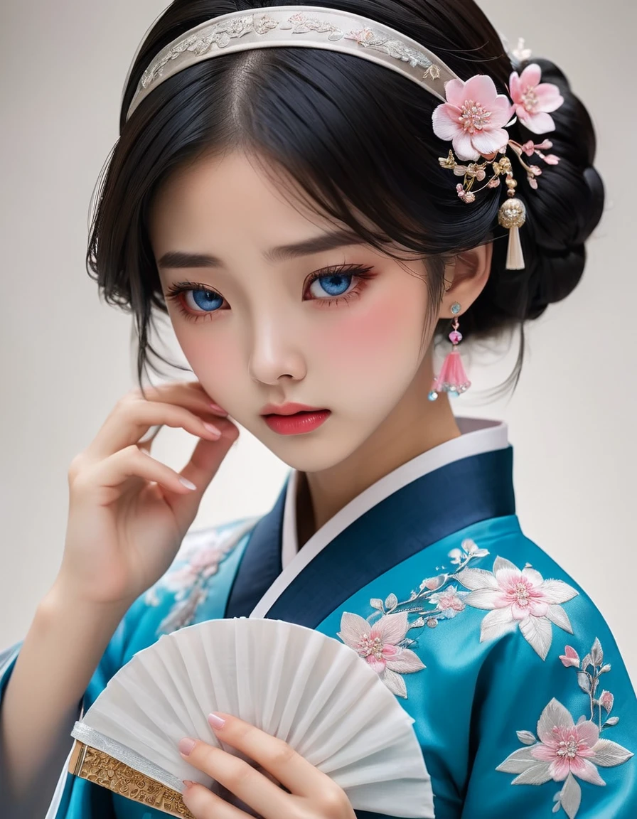 （Beautiful face of crying Chinese girl covering her face with a handkerchief）, （With many, Her eyes were filled with tears：1.3），（Eyes filled with tears）（Bow slightly），（Cover your face with your hands and cry），Pearl ear-rings, long eyelashes and pink lips, Close-up of face, cleanface, Round chin, blue eyes, Blue embroidered hanbok, White background. Explanation, 3d rendering, Bright colors and exquisite details, as illustration poster, 2D game art style, Color proofing, HD, 32k ,Disney，