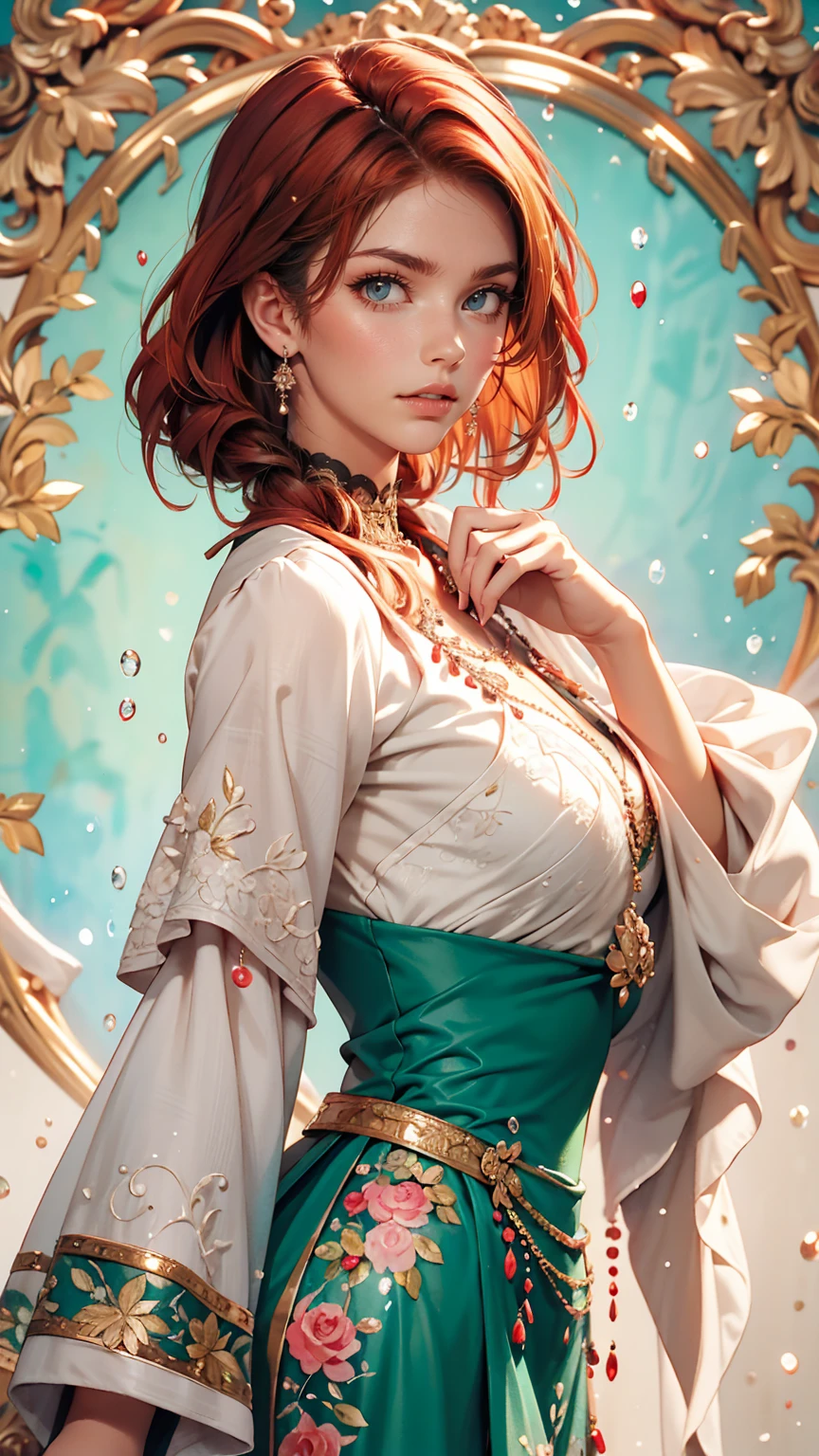 Caucasian woman with red hair and bright green eyes, Wear elegant party clothes, Scattered outlines and pastel colored background, Intricate details, Modest, watercolor, splash