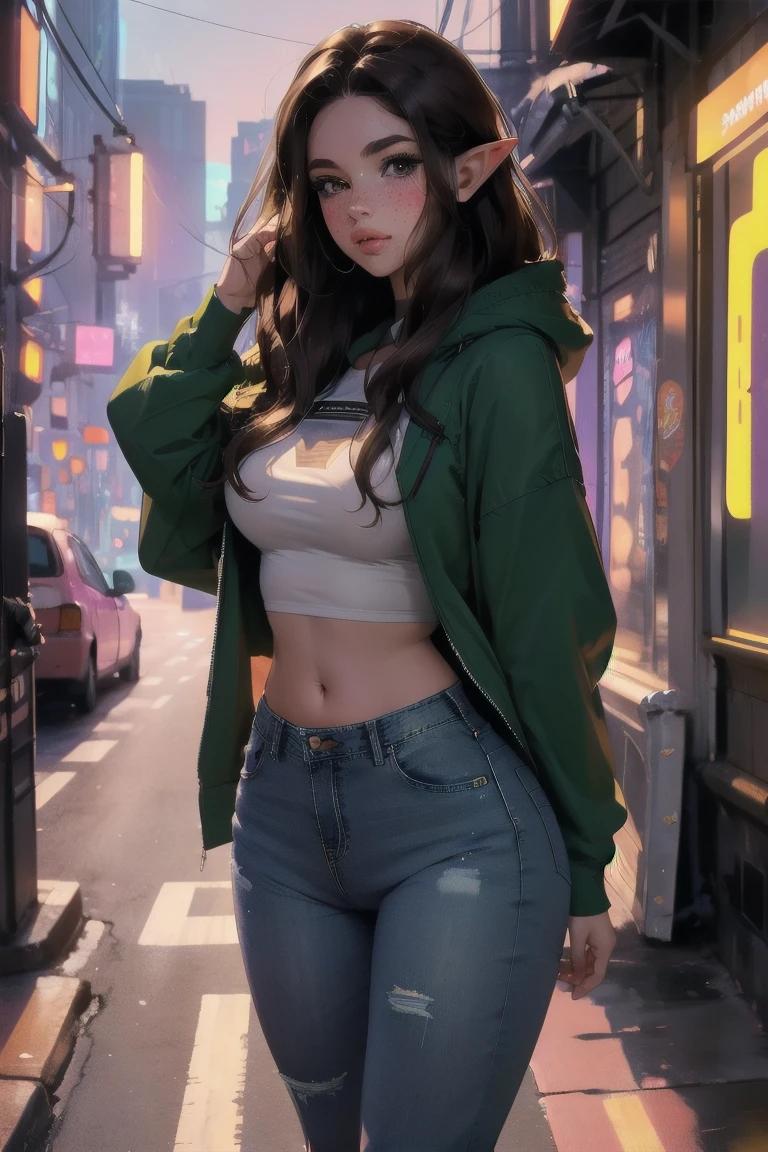 (elf girl), master piece, blushing, freckles, wide hips, slim waist, thick thighs, masterpiece, best quality, sfw, mature 36 year old woman, brown hair, moist face,  wavy hair, mouth open, shiny. lips, beutiful round eyes, cyberpunk background, Waist high jeans, tight jeans, tall skyscraper background, bladerunner background, large hoodie, thick hoodie
