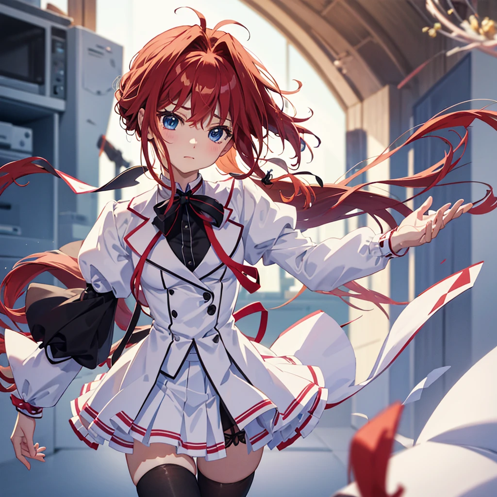 Ponytail,Red Hair,MASHIROIRO SYMPHONY, INUI SANA,Showing the panties,masterpiece,best quality,highres,ultra-detailed,inui sana,blue eyes,long hair,red hair,high ponytail,ahoge,braid,hair between eyes,bangs,hair bow,neck ribbon,long sleeves,white jacket,collared shirt,juliet sleeves,white skirt,(black socks:1.2),(panties:1.2)