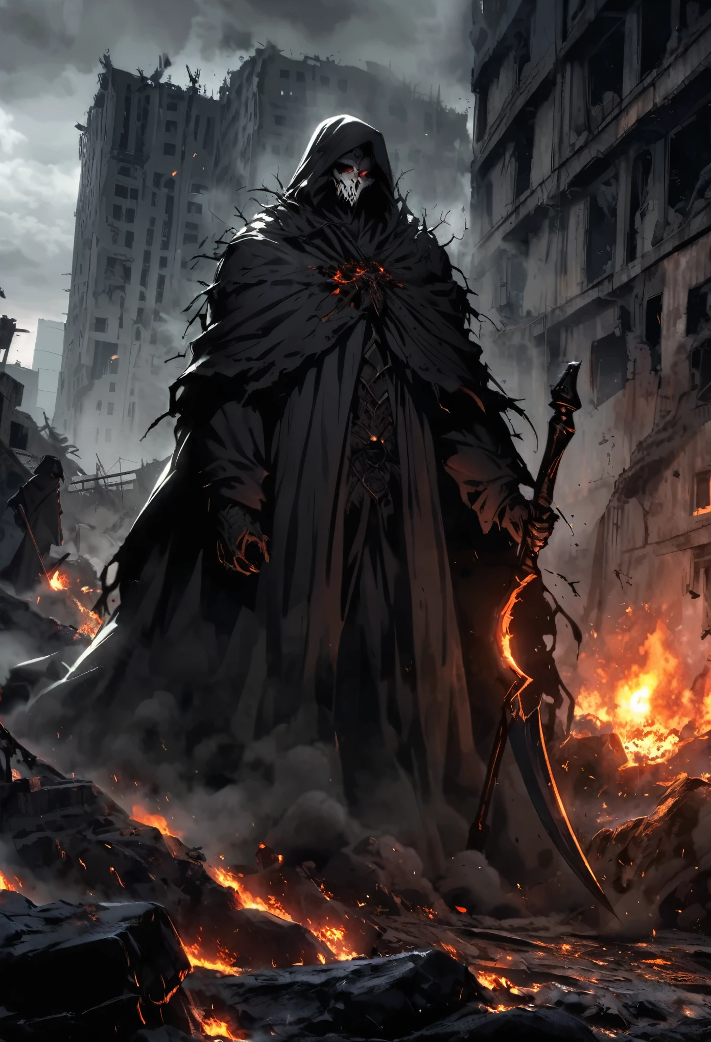 In the dilapidated city shrouded in darkness, the Black Death, dressed in a deep black robe and holding a huge sickle stained with blood, stood alone in the ruins. His gaze was cold and mysterious, and his face under his cloak was faintly visible, as if he had become the ruler of this terrifying world. The sky shrouded in dark clouds and the distant flames added a touch of ominous atmosphere, Black Death God, darkness, ruined city, deep black robe, cloak, flickering, eerie light, eyes, huge scythe, bloodstains, buildings, ruins, firelight, overcast sky, thunderbolt, lightning,cold, mysterious, terrifying, severe challenge, accurately capture, visually represent