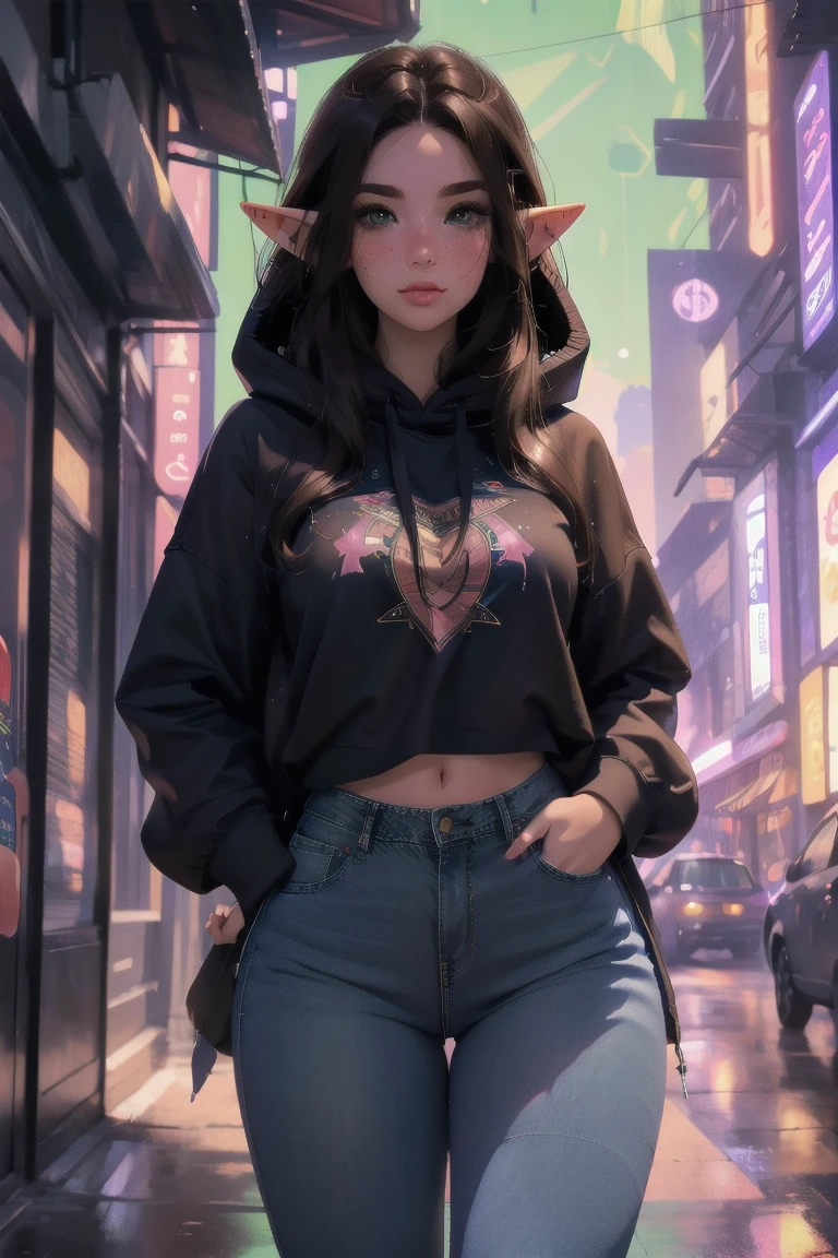 (elf girl), master piece, blushing, freckles, wide hips, slim waist, thick thighs, masterpiece, best quality, sfw, mature 36 year old woman, brown hair, moist face,  wavy hair, mouth open, shiny. lips, beutiful round eyes, cyberpunk background, Waist high jeans, tight jeans, tall skyscraper background, bladerunner background, large hoodie, thick hoodie, Beautiful face, perfect face, deep eyes, elf ears