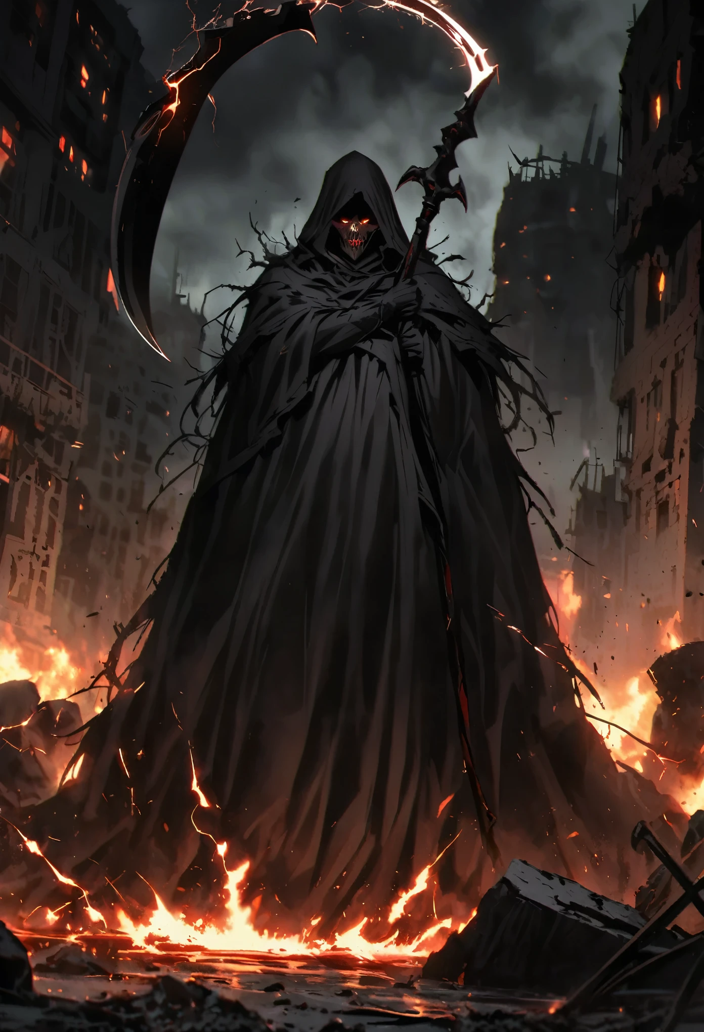 In the dilapidated city shrouded in darkness, the Black Death, dressed in a deep black robe and holding a huge sickle stained with blood, stood alone in the ruins. His gaze was cold and mysterious, and his face under his cloak was faintly visible, as if he had become the ruler of this terrifying world. The sky shrouded in dark clouds and the distant flames added a touch of ominous atmosphere, Black Death God, darkness, ruined city, deep black robe, cloak, flickering, eerie light, eyes, huge scythe, bloodstains, buildings, ruins, firelight, overcast sky, thunderbolt, lightning,cold, mysterious, terrifying, severe challenge, accurately capture, visually represent