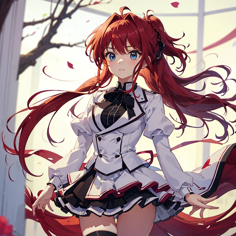 solo,Ponytail,Red Hair,MASHIROIRO SYMPHONY, INUI SANA,Showing the panties,masterpiece,best quality,highres,ultra-detailed,inui sana,blue eyes,long hair,red hair,high ponytail,ahoge,braid,hair between eyes,bangs,hair bow,neck ribbon,long sleeves,white jacket,collared shirt,juliet sleeves,white skirt,(black socks:1.2),(panties:1.2)