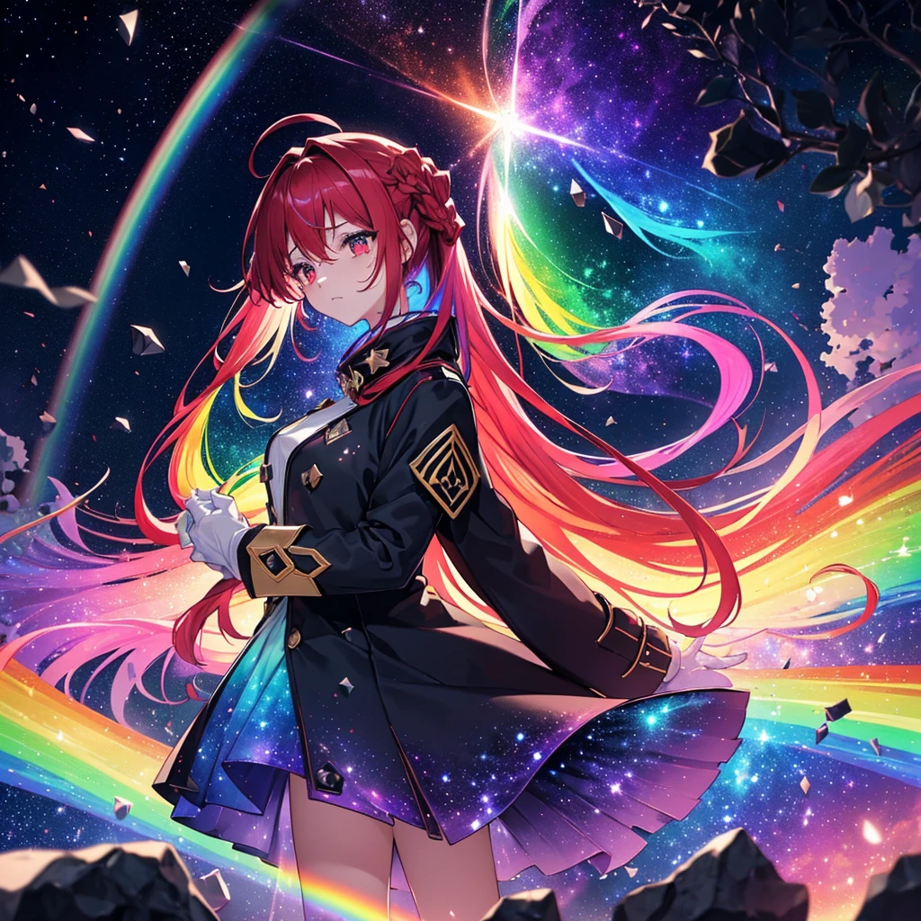 ((Fantasy　Rainbow Hair　Long Hair　Dull red eyes　Have a galaxy　uniform　Put on a coat without putting your arms through it　Lonely　despair))　((Tears　gloves))　(Broken glass　Distorted Space-Time　star　moon)　Catch the wind　fall　Shining Background　Particles of light, shining edges