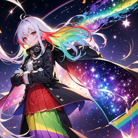 ((Fantasy　Rainbow Hair　Long Hair　Dull red eyes　Have a galaxy　uniform　Put on a coat without putting your arms through it　Lonely　d...