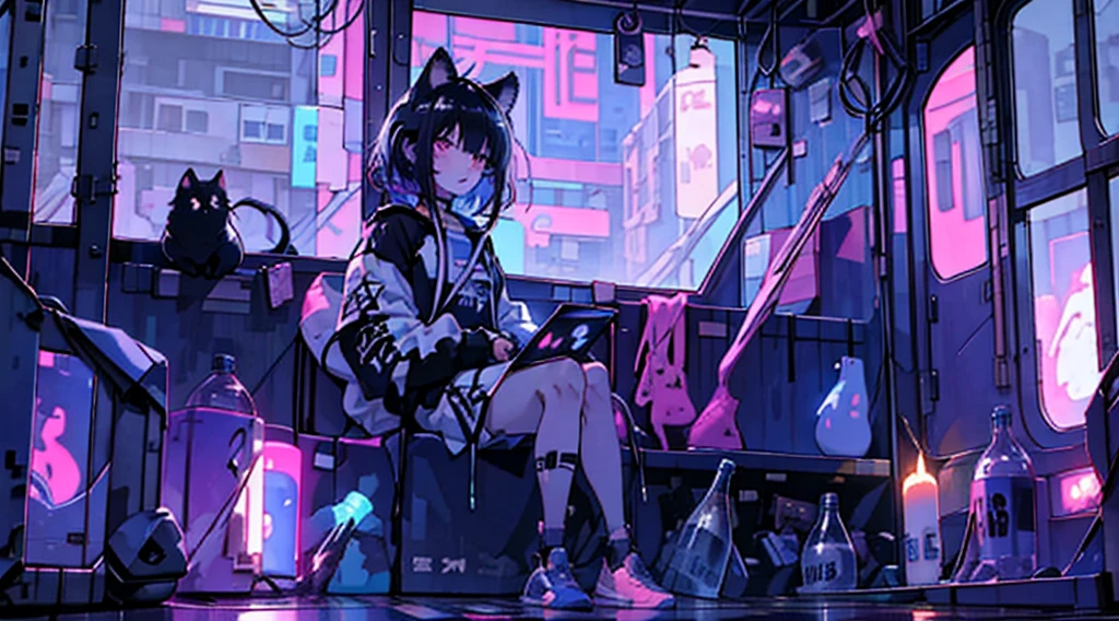 1 girl、solo、Landscape、Cat ear、Black Hair、short hair、bangs、Holding a big black cross、cyber punk、neon、Shorts、large cross、Sitting on the ground、night、cute、illumination、Sitting with legs crossed、Enlarge the whole body、Hanging his head、Left facing、Inside the room、Neon sign outside the window、On the bed、stuffed toy、night、Right beside、Holding his knees