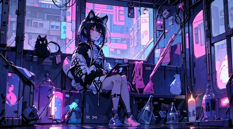 1 girl、solo、landscape、cat ear、black hair、short hair、bangs、holding a big black cross、cyber punk、neon、shorts、large cross、sitting o...