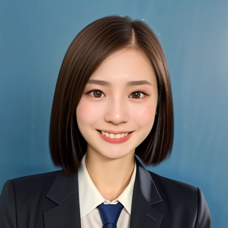 NSFW, (kawaii 24 year-old Japanese female, Nogizaka idol, Korean idol), (glossy brown hair, very short hair, forehead:1.3), (beautiful black eyes, rounded face, narrow shoulders, single eyelid, no makeup, splash laughing:1.3), (wearing suit jacket, collared shirt, necktie:1.3), (extra small breasts:0.9), BREAK, (simple blue background:1.3), (view from forward, bust shot, wide shot, id photo:1.3), BREAK, (masterpiece, best quality, photo realistic, official art:1.4), (UHD, 8K quality wallpaper, high resolution, raw photo, golden ratio:1.3), (shiny skin), professional lighting, physically based rendering, award winning, (highly detailed skin, extremely detailed face and eyes), Carl Zeiss 85 mm F/1.4, depth of field, (1girl, solo),