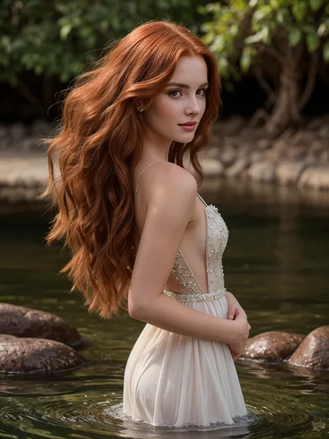 a woman with long red hair in a dress, full body view, ethereal beauty, ophelia, full body, a stunning young ethereal figure, ny...