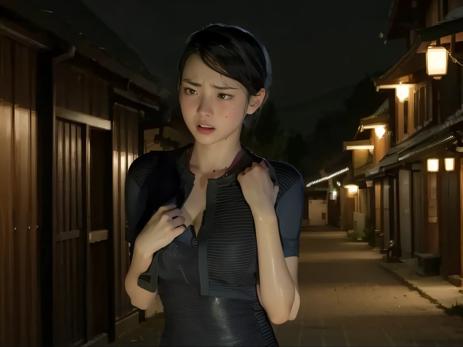 ((sad、Frightened expression))、((Sweaty、Blushing&#39;cheek、Sweaty skin))、(8k, highest quality, masterpiece:1.2), (Realistic, photo-Realistic:1.37), Very detailed,highest quality, Ultra-high resolution, Professional Lighting, Photon Mapping, Radio City, Physically Based Rendering, Cinema Lighting,  Midnight Road,Depth of the written border, Sharp focus,moonlight, Good composition,1 girl,alone,(whole body), (whole body),Beautiful and beautiful eyes,((Red eyes、I&#39;I&#39;m afraid of something))、 Pause, Tight waist,Japanese , Black Hair,Messy Hair,Long hair blowing in the wind,((Navy blue socks))、(Ulzzang-6500:1.2)、 Mix 4, 