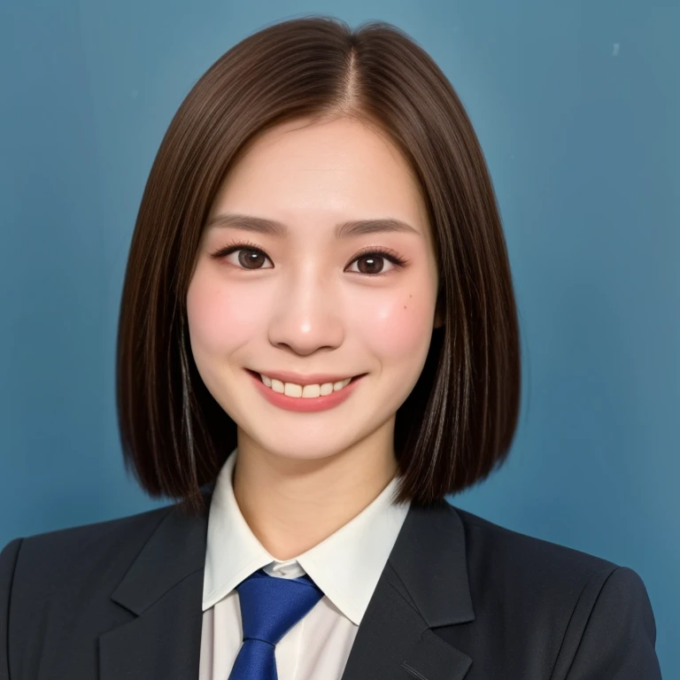 NSFW, (kawaii 24 year-old Japanese female, Nogizaka idol, Korean idol), (glossy brown hair, very short hair, forehead:1.3), (beautiful black eyes, rounded face, narrow shoulders, single eyelid, no makeup, splash laughing:1.3), (wearing suit jacket, collared shirt, necktie:1.3), (extra small breasts:0.9), BREAK, (simple blue background:1.3), (view from forward, bust shot, wide shot, id photo:1.3), BREAK, (masterpiece, best quality, photo realistic, official art:1.4), (UHD, 8K quality wallpaper, high resolution, raw photo, golden ratio:1.3), (shiny skin), professional lighting, physically based rendering, award winning, (highly detailed skin, extremely detailed face and eyes), Carl Zeiss 85 mm F/1.4, depth of field, (1girl, solo),