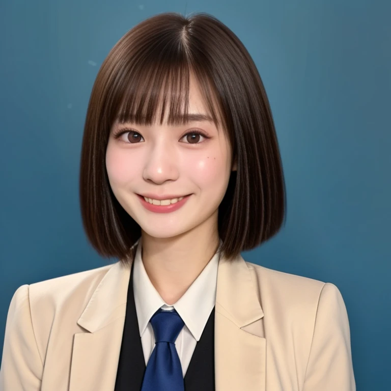 NSFW, (kawaii 24 year-old Japanese girl, Nogizaka idol, Korean idol), (glossy brown hair, very short hair, bangs:1.3), (beautiful black eyes, rounded face, narrow shoulders, single eyelid, no makeup, splash laughing:1.3), (wearing suit jacket, collared shirt, necktie:1.3), (extra small breasts:0.9), BREAK, (simple blue background:1.3), (view from forward, bust shot, wide shot, id photo:1.3), BREAK, (masterpiece, best quality, photo realistic, official art:1.4), (UHD, 8K quality wallpaper, high resolution, raw photo, golden ratio:1.3), (shiny skin), professional lighting, physically based rendering, award winning, (highly detailed skin, extremely detailed face and eyes), Carl Zeiss 85 mm F/1.4, depth of field, (1girl, solo),