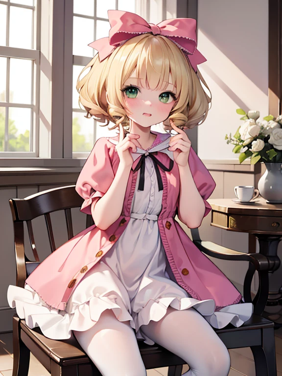 masterpiece, highest quality, Very detailed, 16k, Ultra-high resolution, Cowboy Shot, One 9-year-old girl, Detailed face, Perfect Fingers, Blonde, hair bow, ribbon, drill hair, green eyes, short hair, pink dress,white bloomers, white pantyhose, hinaichigo, Western-style building, table, Sit on a chair, Eat cake