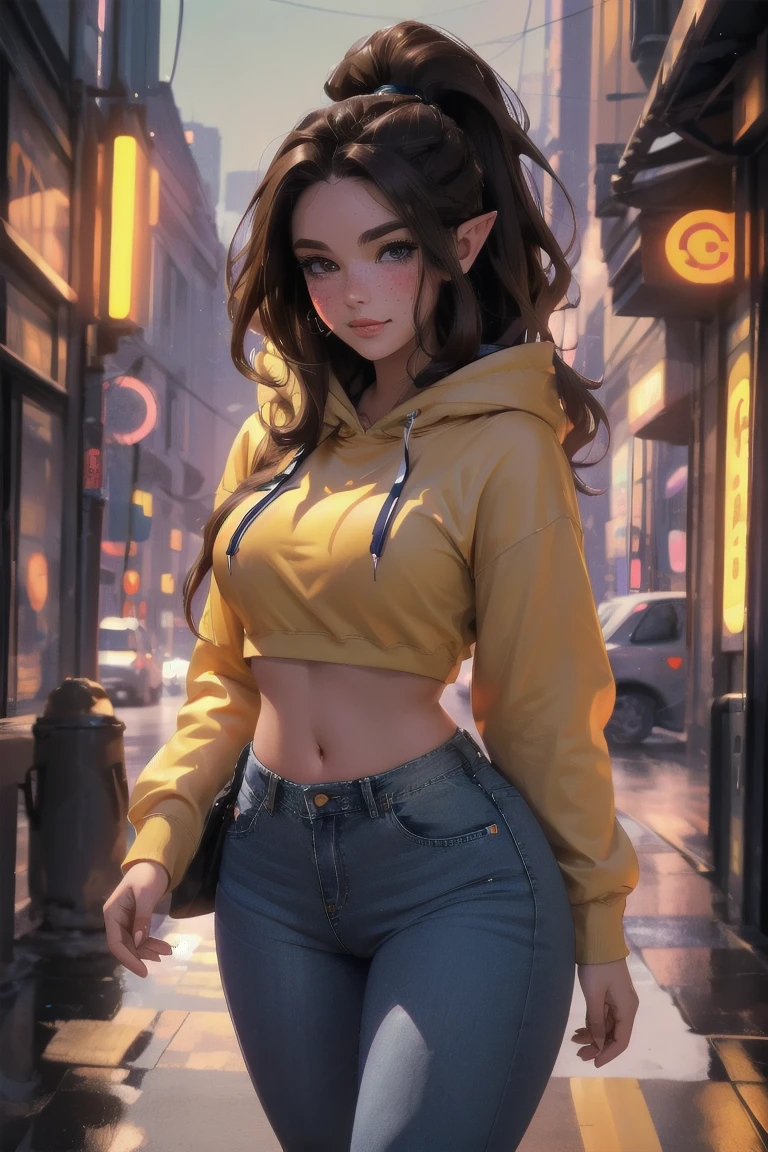 (elf girl), master piece, blushing, freckles, wide hips, slim waist, thick thighs, masterpiece, best quality, sfw, mature 36 year old woman, brown hair, moist face,  wavy hair, mouth open, shiny. lips, beutiful round eyes, cyberpunk background, Waist high jeans, tight jeans, tall skyscraper background, bladerunner background, large hoodie, thick hoodie, Beautiful face, perfect face, deep eyes, elf ears, excited, happy, smiling, cropped hoodie, ponytail