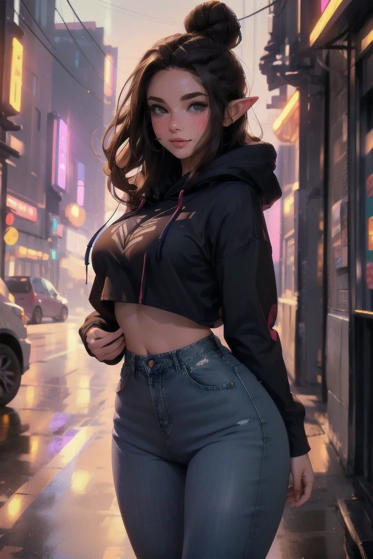 (elf girl), master piece, blushing, freckles, wide hips, slim waist, thick thighs, masterpiece, best quality, sfw, mature 36 year old woman, brown hair, moist face,  wavy hair, mouth open, shiny. lips, beutiful round eyes, cyberpunk background, Waist high jeans, tight jeans, tall skyscraper background, bladerunner background, large hoodie, thick hoodie, Beautiful face, perfect face, deep eyes, elf ears, excited, happy, smiling, cropped hoodie, hairbun