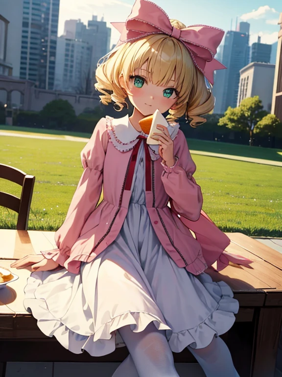 masterpiece, highest quality, Very detailed, 16k, Ultra-high resolution, Cowboy Shot, One 9-year-old girl, Detailed face, Perfect Fingers, Blonde, hair bow, ribbon, drill hair, green eyes, short hair, pink dress,white bloomers, white pantyhose, hinaichigo, Western-style building, table, Sit on a chair, Eat cake