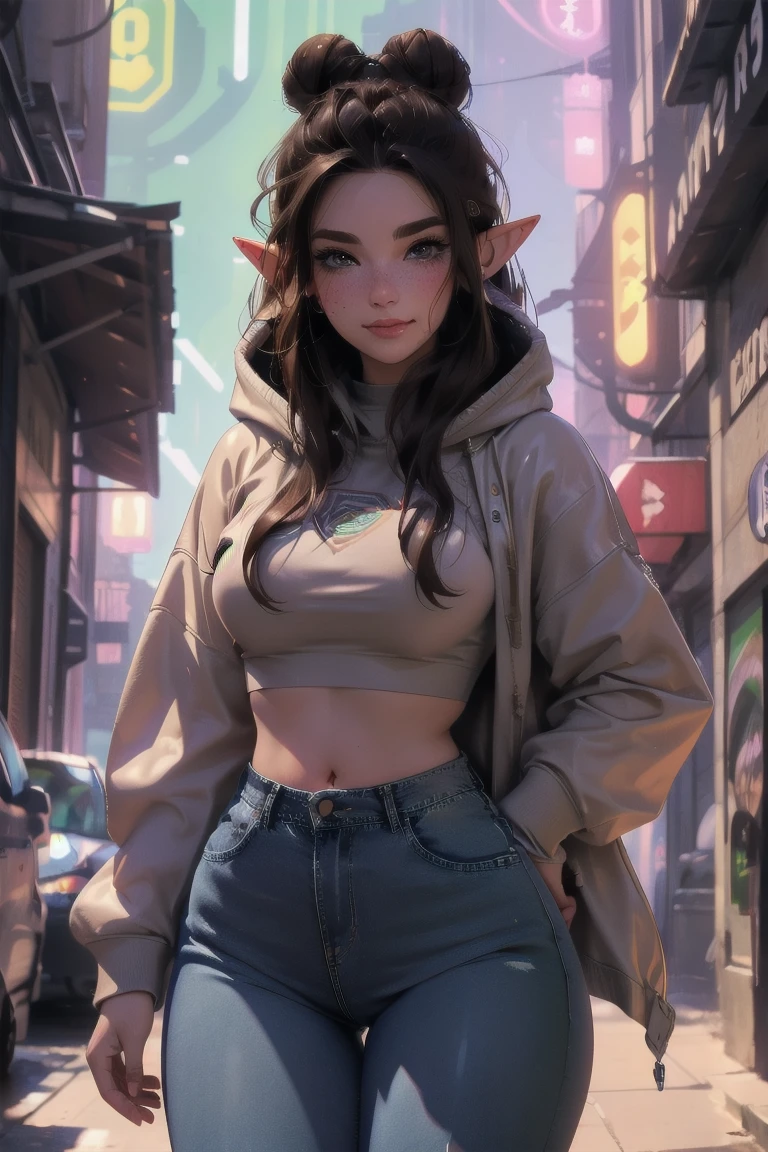 (elf girl), master piece, blushing, freckles, wide hips, slim waist, thick thighs, masterpiece, best quality, sfw, mature 36 year old woman, brown hair, moist face,  wavy hair, mouth open, shiny. lips, beutiful round eyes, cyberpunk background, Waist high jeans, tight jeans, tall skyscraper background, bladerunner background, large hoodie, thick hoodie, Beautiful face, perfect face, deep eyes, elf ears, excited, happy, smiling, cropped hoodie, hairbun