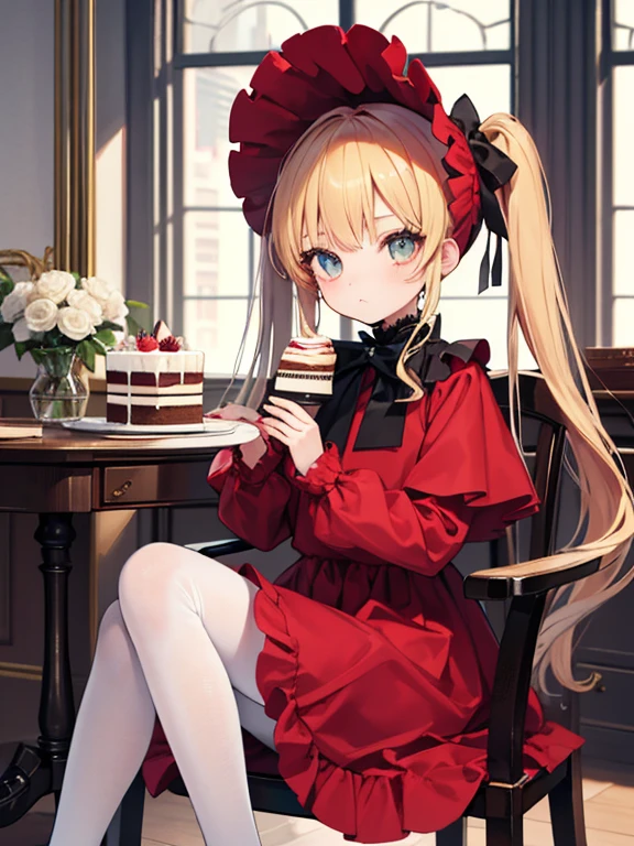 masterpiece, highest quality, Very detailed, 16k, Ultra-high resolution, Cowboy Shot, One 8-year-old girl, Detailed face, Perfect Fingers, Golden Eyes, Blonde,  Original Costume, Twin tails, bonnet、Red dress、White pantyhose cup、Black shoes, Western-style building, table, Sit on a chair, Eat cake