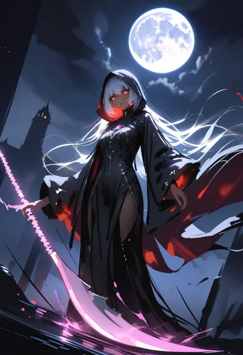 grim reaper, ((dark skin)), robe, dramatic lighting, scythe, menacing aura, eerie background, windy , full moon, haze, foggy, de...