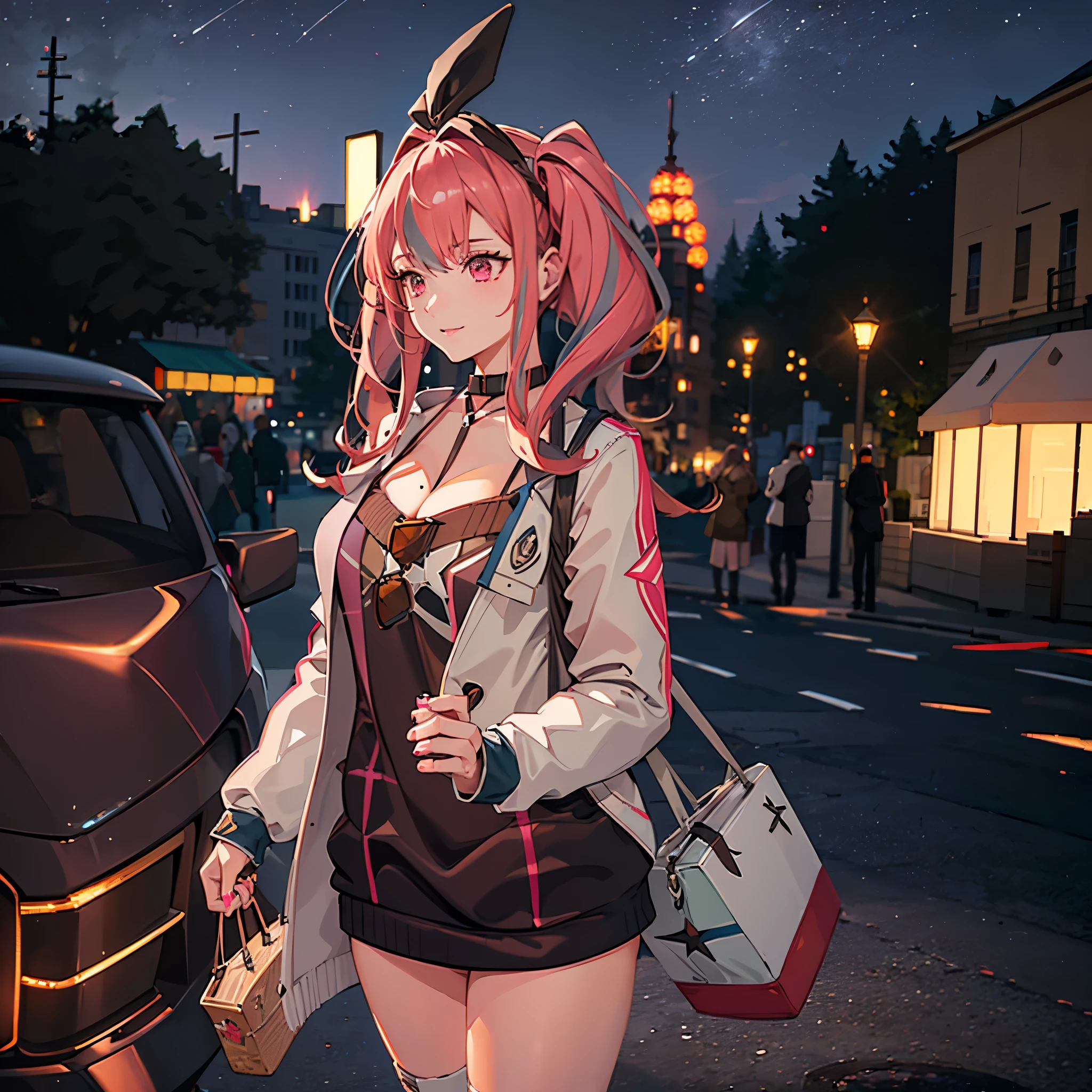 A woman wearing a brown sweater, a white open coat with blue details, exposed thigh, wearing casual sneakers, hot pink hair with gray bangs, pigtail hair, pink eyes, black bunny headband, smiling, holding a bag, walking on a sidewalk in a park at night, illuminated place, ferris wheel in the background, trees around, tents around, blurred background, ultra detailed,, bokeh effect, atmospheric perspective, 8k, super detail, accurate, best quality, award-winning, textured skin, high resolution, anatomically correct (solo woman)
