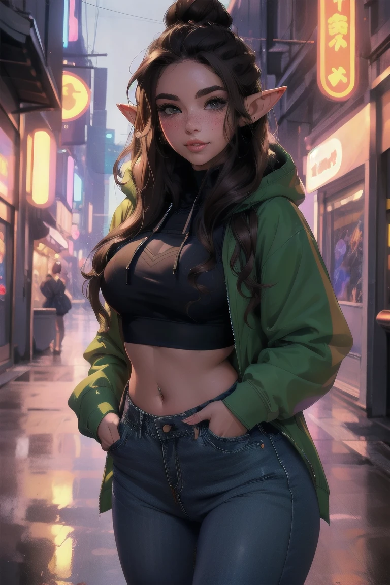 (elf girl), master piece, blushing, freckles, wide hips, slim waist, thick thighs, masterpiece, best quality, sfw, mature 36 year old woman, brown hair, moist face,  wavy hair, mouth open, shiny. lips, beutiful round eyes, cyberpunk background, Waist high jeans, tight jeans, tall skyscraper background, bladerunner background, large hoodie, thick hoodie, Beautiful face, perfect face, deep eyes, elf ears, excited, happy, smiling, cropped hoodie, hairbun, unzipped jacket over cropped hoodie