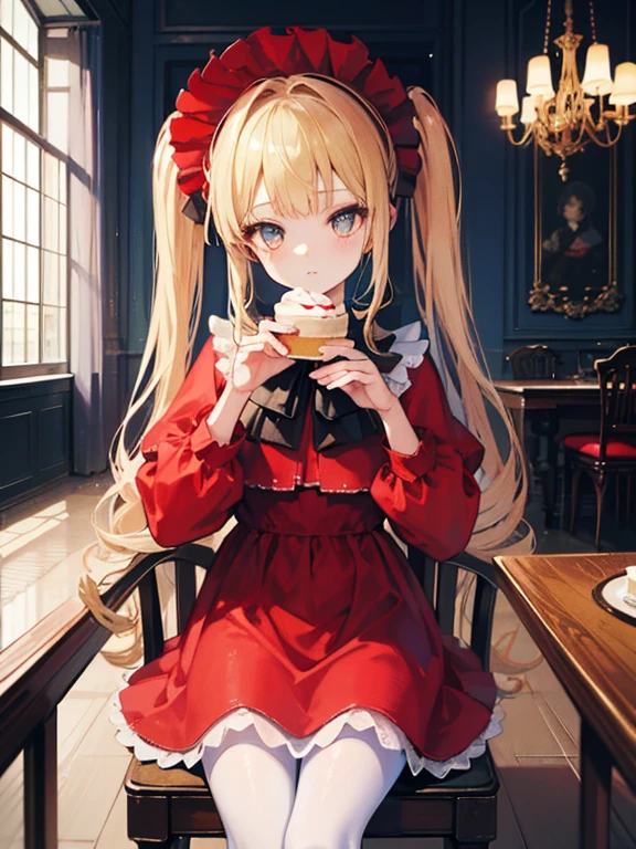 masterpiece, highest quality, Very detailed, 16k, Ultra-high resolution, Cowboy Shot, One 8-year-old girl, Detailed face, Perfect Fingers, Golden Eyes, Blonde,  Original Costume, Twin tails, bonnet、Red dress、White pantyhose cup、Black shoes, Western-style building, table, Sit on a chair, Eat cake