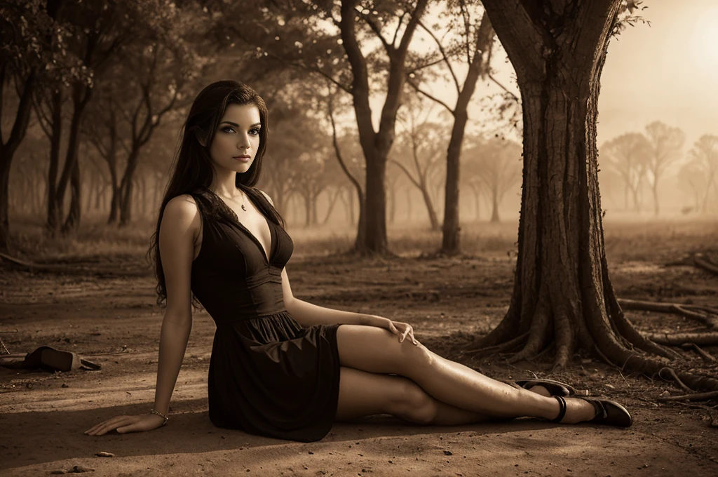 arafed woman sitting on the ground in a black dress, sepia photography, inspired by Luis Royo, sepia toned, sepia tone, sepia, in style of luis royo, sepia colors, fantasy photoshoot, style of luis royo, sepia tones, old sepia photography, sepia sunshine, in a post apocalyptic setting