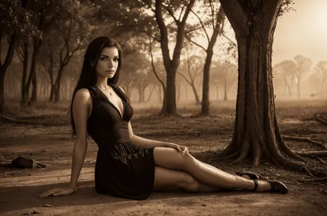 arafed woman sitting on the ground in a black dress, sepia photography, inspired by Luis Royo, sepia toned, sepia tone, sepia, i...