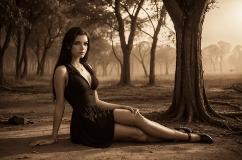 arafed woman sitting on the ground in a black dress, sepia photography, inspired by luis royo, sepia toned, sepia tone, sepia, i...